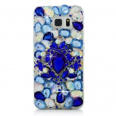 Samsung Galaxy S6 - Luxury Handmade Bling Bling 3D Rhinestone Crystal Protective Hard Clear Phone Cover Case - Blue Flower with Pendant